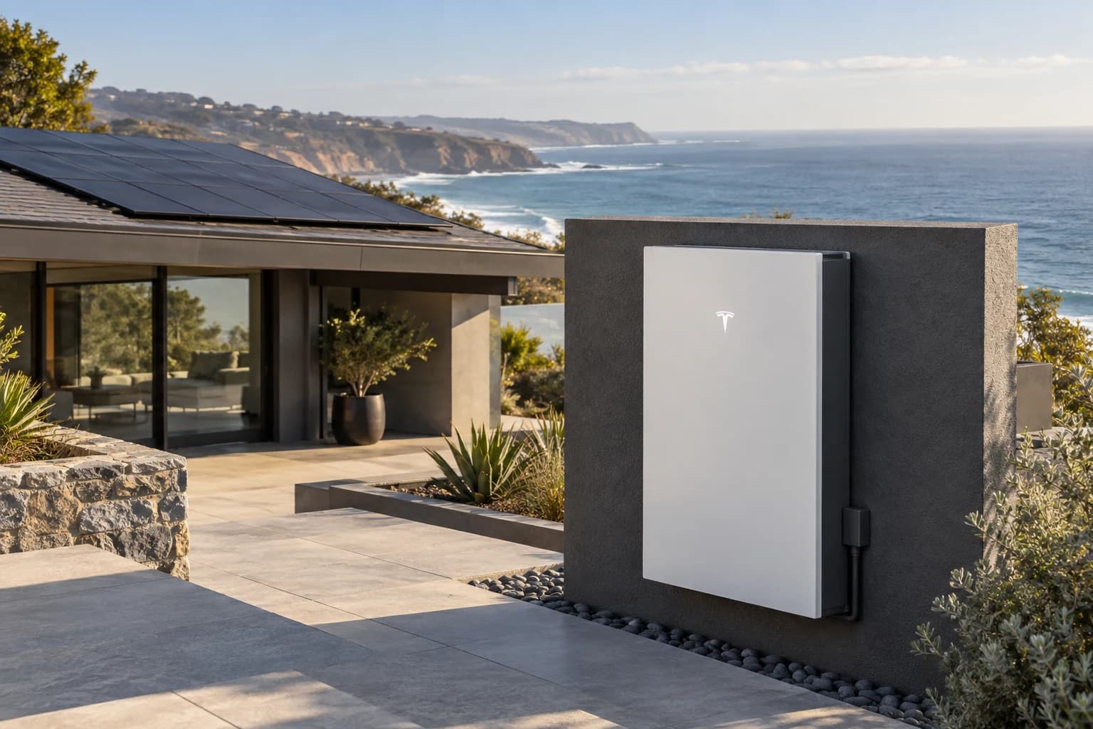 Architectural concept of a Tesla Powerwall 3 in the foreground, with rooftop solar panels and Pacific Ocean views behind it.