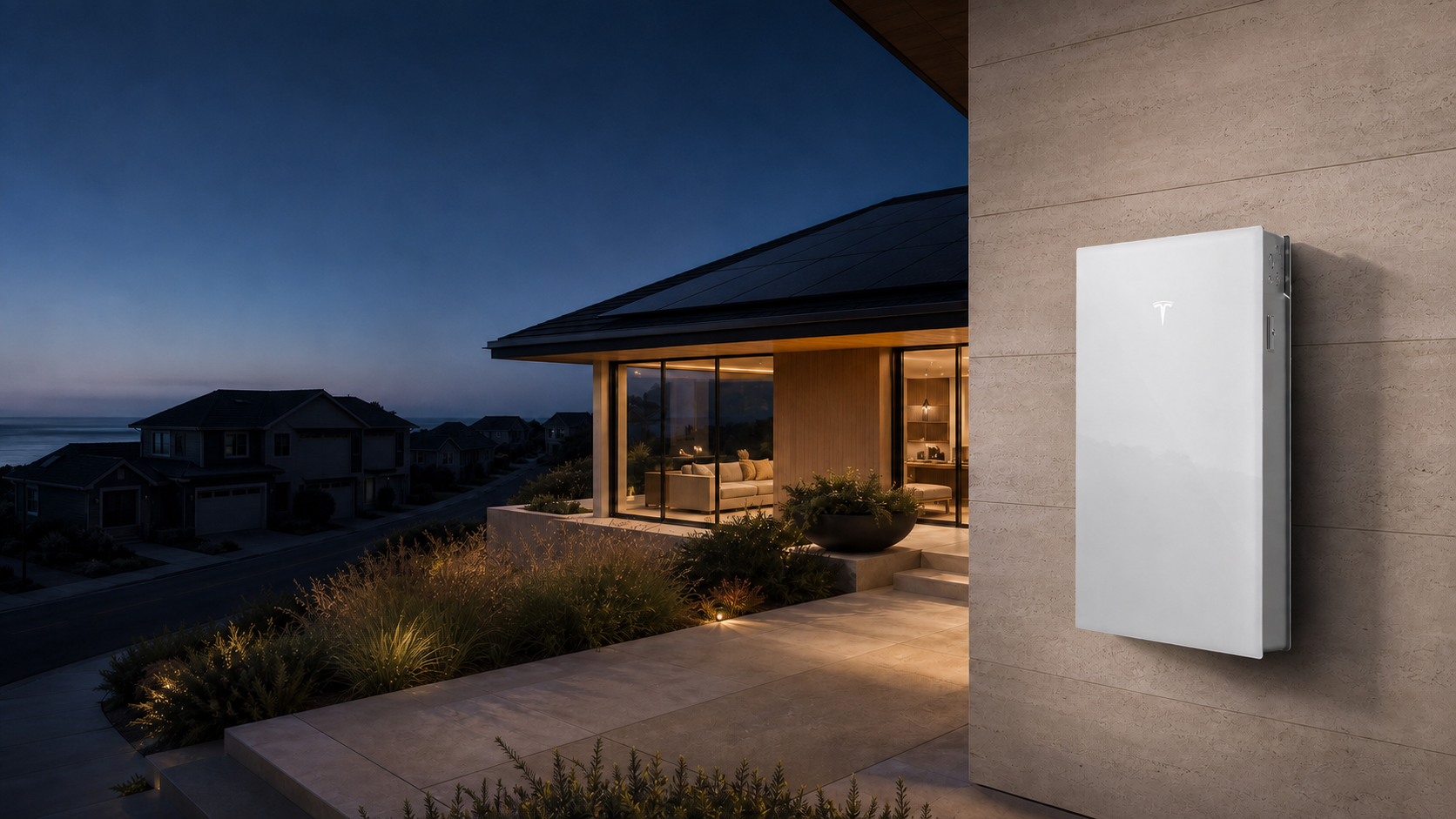 Concept scene of a Tesla Powerwall 3 on a warmly lit California home, with orderly rooftop solar panels and an unlit neighboring street at dusk.