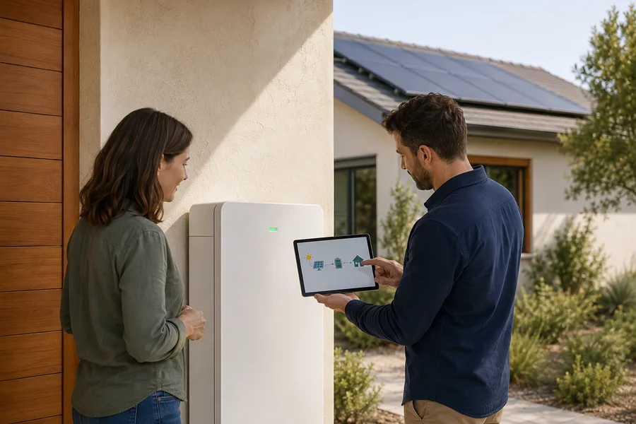 Illustrative system activation and homeowner handover beside a home battery.