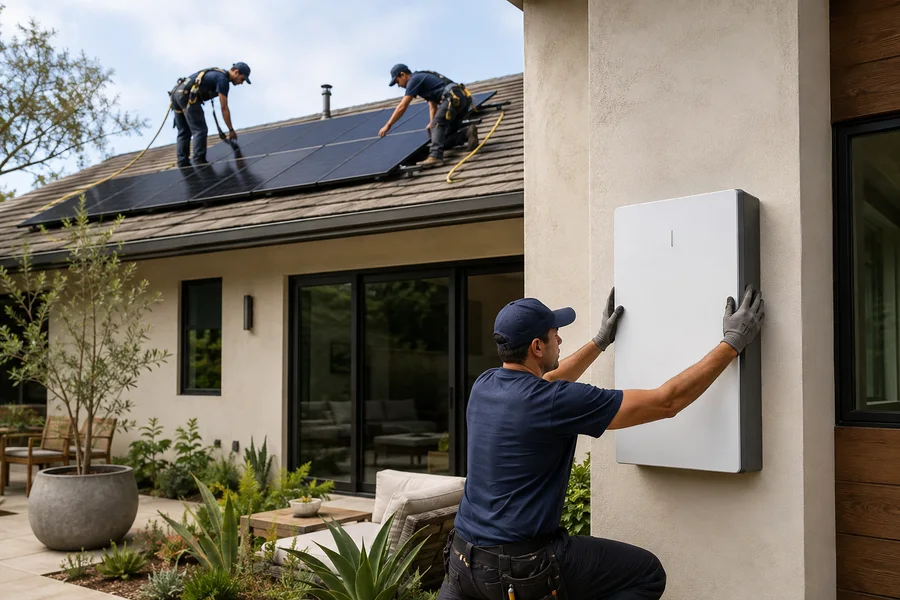 Illustrative installation of a home backup battery and rooftop solar panels.