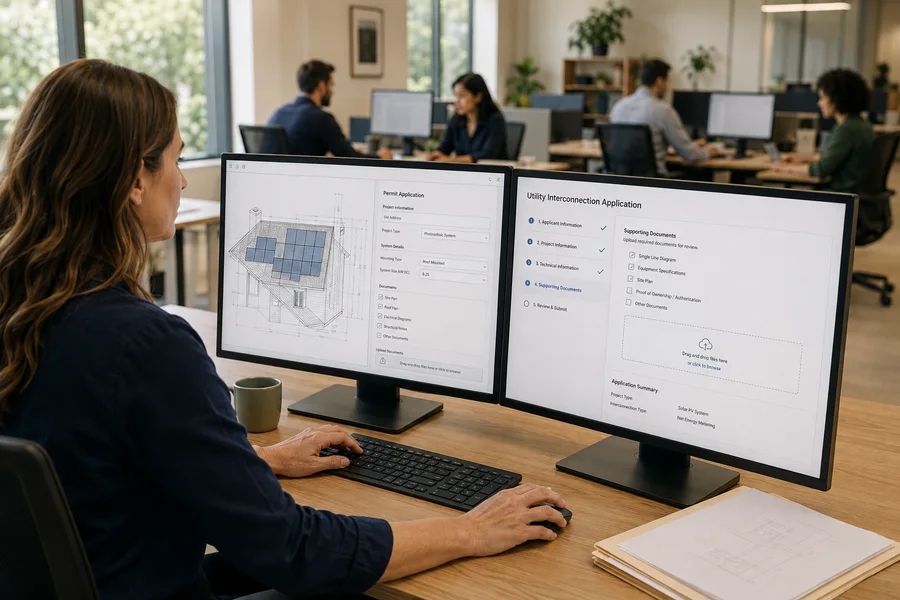 Illustrative office team preparing permits and utility applications at computer workstations.