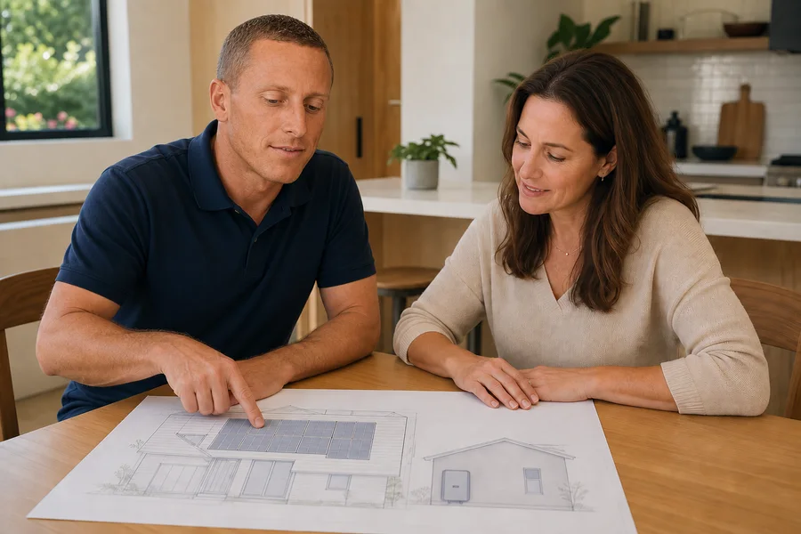 Illustrative scene of Shawn Scott and a homeowner reviewing solar panel and battery placement plans.