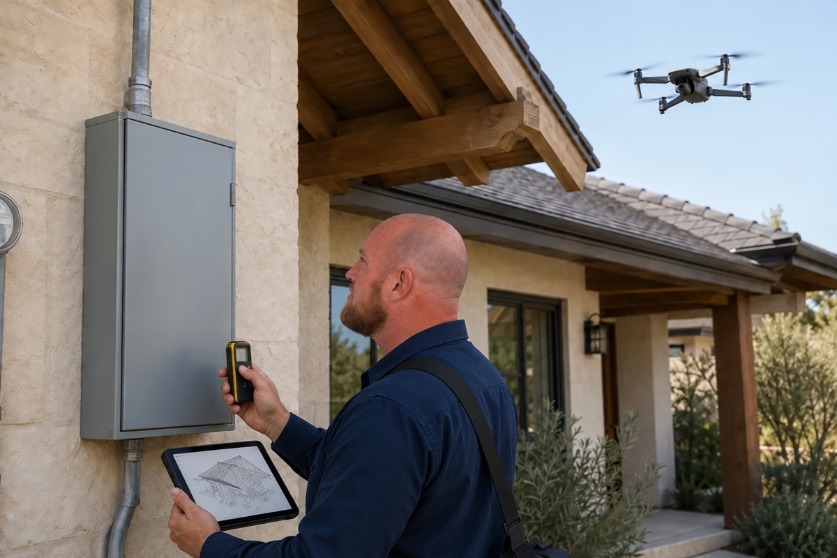 Illustrative scene of Patrick conducting a site survey beside an electrical panel, with a tablet and survey drone.