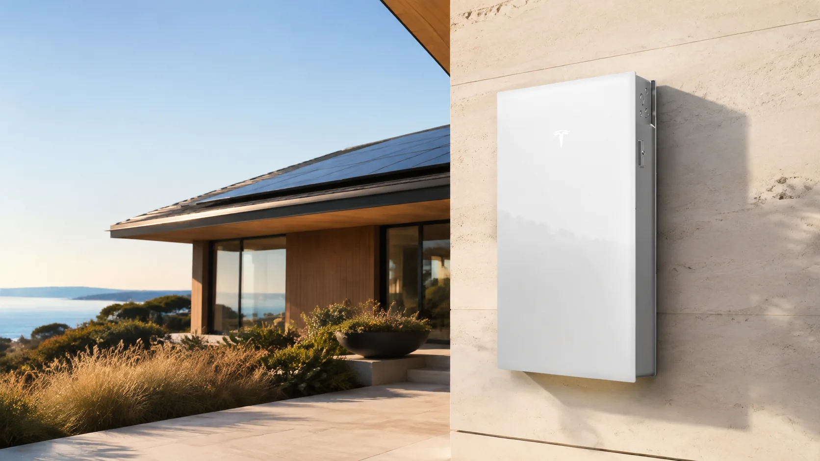 A Tesla Powerwall 3 mounted on a sunlit limestone wall beside a California home with rooftop solar.